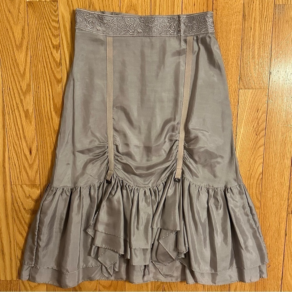Hale Bob Ruched Ruffle Mermaid Silver Gray Midi Skirt Embroidered Waistband 8